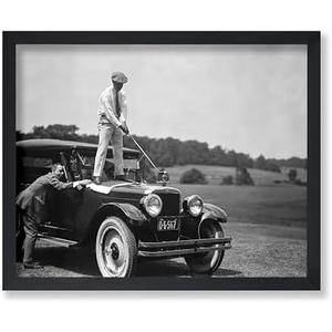 Poster Master Vintage Golfer on Top of Antique Car Poster - Retro Sports Print - Classic Car Art - Golf Art - Gift for Men & Women - Funny Decor for Bedroom or Living Room - 8x10 UNFRAMED Wall Art