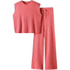 Imily Bela Womens 2 Piece Outfits Sleeveless Ribbed Knit Tops Wide Leg Pants Summer Vacation Sweater Matching Lounge Sets (M)