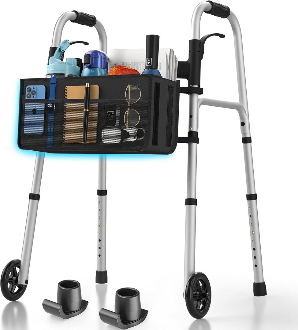 HolyHeal Folding Walkers for Seniors with Basket and Glide Skis, 5" Wheels Lightweight Rolling Walker, Support Up to 350 lbs, Height Adjustable Standard Compact Walker, Silver