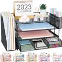 Desk Organizer and Accessories, 4-Tier Desktop File Organizer with Drawer and 2 Pen Holders, Office Desk Accessories for Office Supplies(Black)