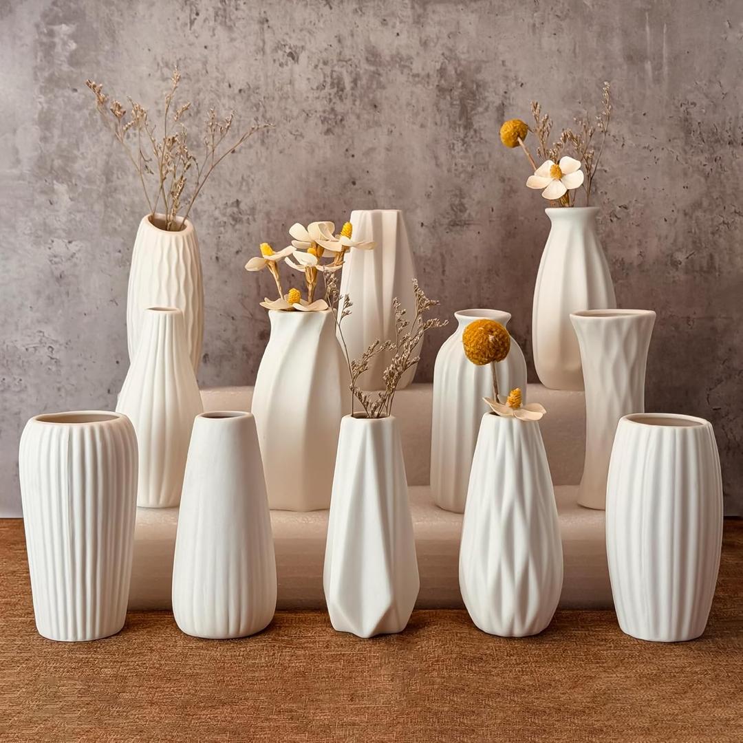 White Vase Set of 12, Small White Bulk Bud Vases for Pampas Grass for Wedding Table Centerpieces Decoration, Modern Boho for Rustic Vase.