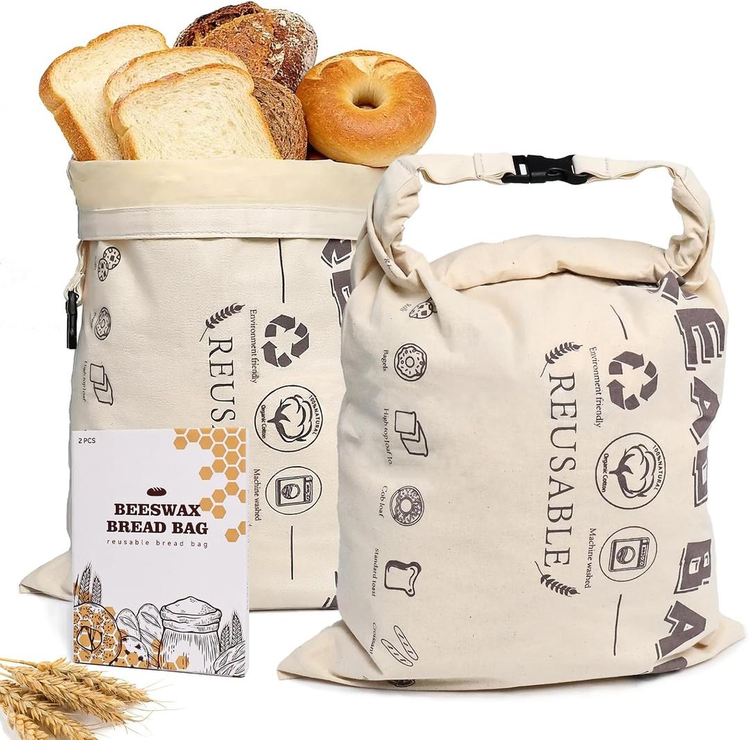Beeswax Bread Bags Natural Beeswax-Lined Cotton Storage Reusable Sourdough bread bags Bakery Essentials Freshness Keeper for Homemade (2 Pack)