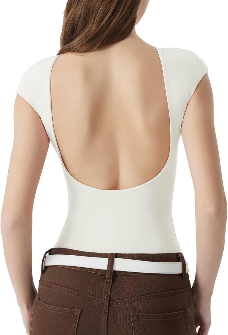 SUUKSESS Women Backless Y2k Short Sleeve Bodysuit Double Lined Open Back Sexy Basic Top