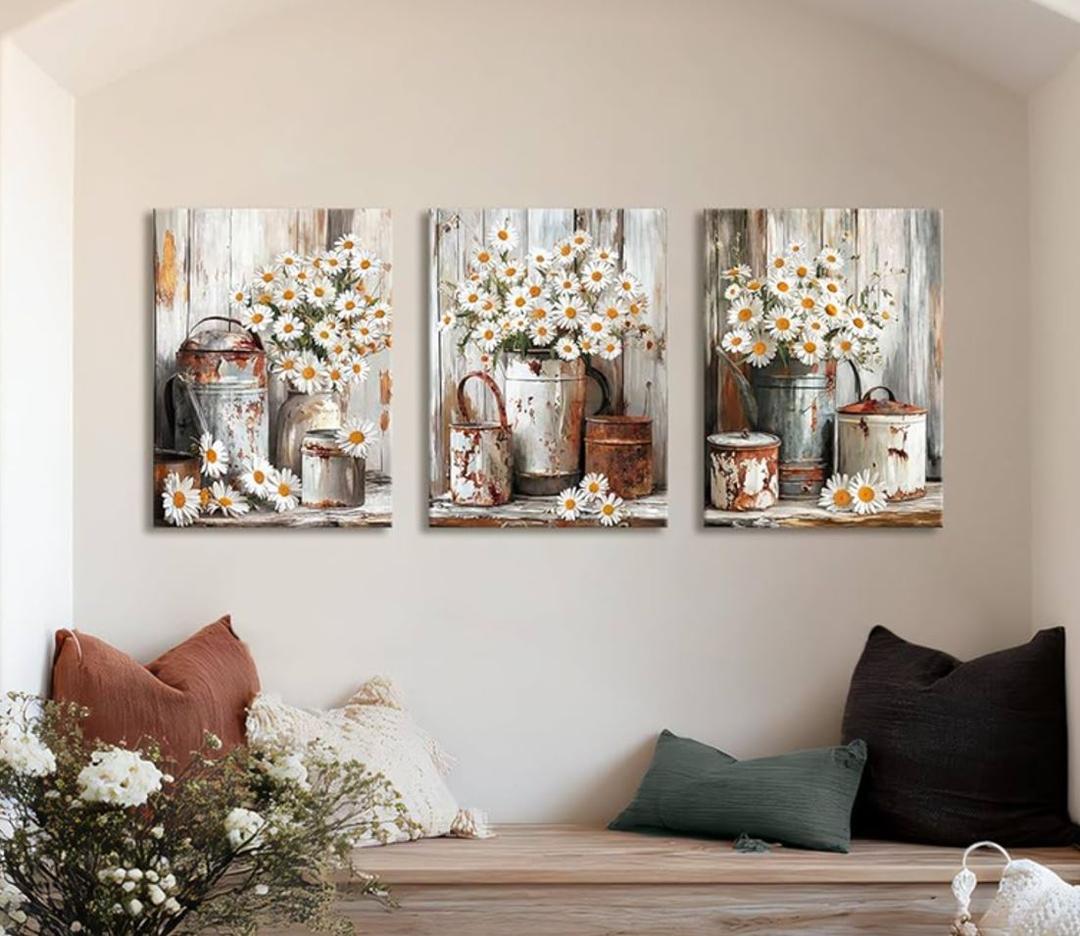 WENGTIAO 3Pcs Rustic Daisy Canvas Wall Art Fall Flower Prints Posters Vintage Country Flora Paintings Pictures Nature Botanical Artwork for Bedroom Living Room Bathroom 16x24''