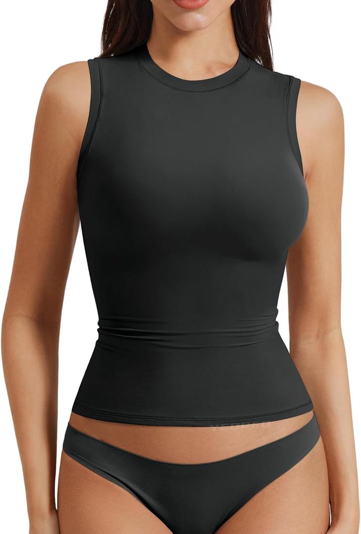 YEOREO Women Basic Mock Neck Workout Crop Top Sleeveless Double Lined Tank Tee Slim Fitted Ruched Going Out Camisole (X-Large, Ash)