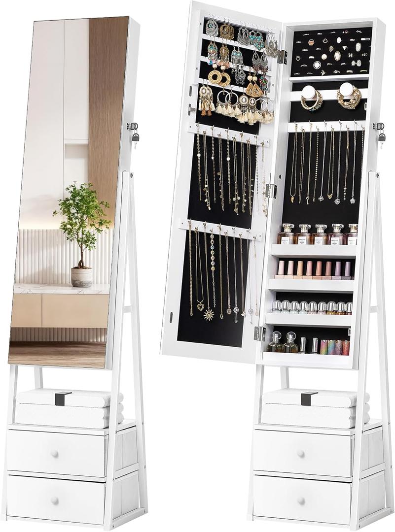 Nicetree LED Jewelry Cabinet Armoire with 2 Drawers, Lockable Standing Mirror Jewelry Cabinet, Full Length Mirror with Jewelry Storage, Christmas Gifts, White