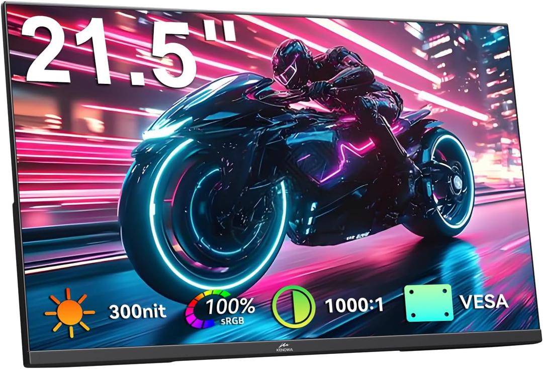 Kenowa 21.5" Large Portable Monitor FHD 1080P IPS 75Hz Frameless USB C HDMI Portable Gaming Monitor, Built in Speakers Stand Travel Second Monitor for Laptop Phone PC Xbox
