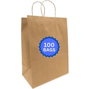 ASSUREPAK DIY Grocery Paper Bags - 100 Bags - 12"x9"x16" - 74LB (110 GSM strong) Twisted Handle - Kraft/Natural - Recyclable Food & Supermarket Bags for Decorating & Branding, 1 Count