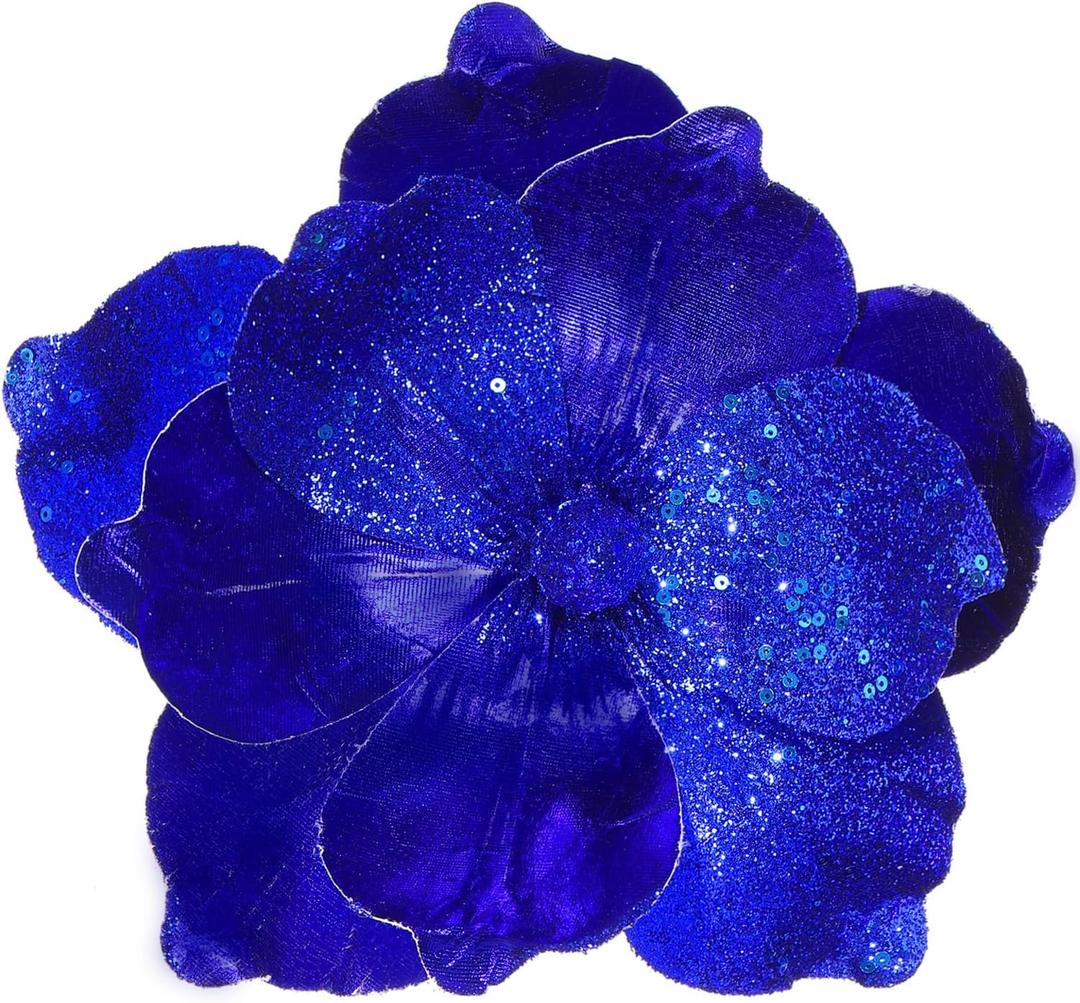 GL-Turelifes 10 Large Glitter Christmas Flowers 6 Pcs Artificial Magnolia Flower Ornaments Fold Floral for Christmas Tree Decorations Xmas Tree New Year Party Wedding Centerpiece (Blue)