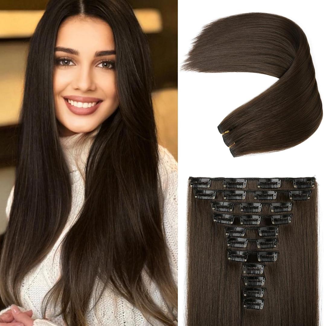 REECHO Hair Extensions, 11PCS Clip in Hair Extensions 24" Long Straight hair extensions HE005 Natural Soft Synthetic Hairpieces for Women  Chocolate Brown