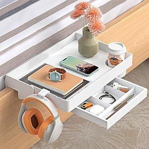 SPACELEAD Bedside Shelf for Bed – College Dorm Room Clip On Nightstand with Cup Holder & Cord Holder&Drawer – Bunk Bed Shelf for Organizer Top for Bedroom (White，Plastic)