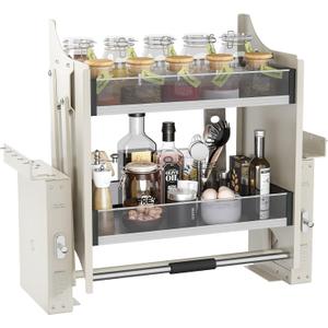 Pull Down Shelf for Kitchen Upper Cabinet,Heavy Duty Pull Down Cabinet Organizer, 2 Tier Upper Cabinet Pull Down Spice Racks for Tall Kitchen, 26-28inch Width, White, M -Cabinet Size