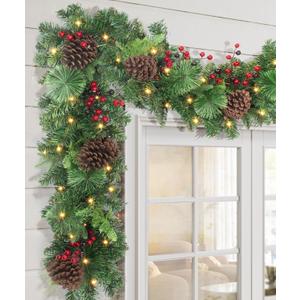 Pre-lit Christmas Garland 9FT with 100 Warm Lights, Battery Operated Xmas Garland with Pine Cedar Cones & Gradient Red Berries, Christmas Decoration for Mantle Fireplace Stair Railing Porch