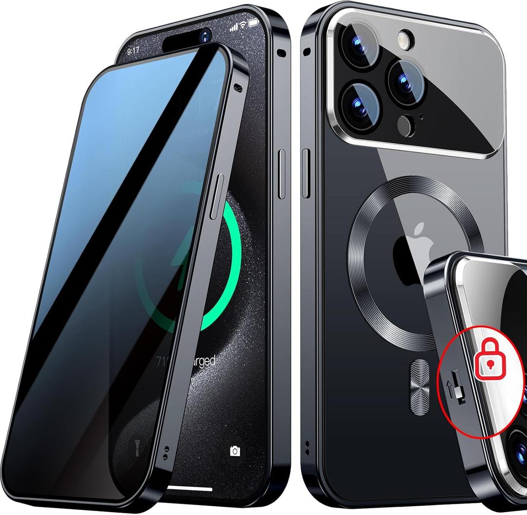 [Full Camera Protection& Mechanical Lock]Magnetic Privacy Case for iPhone 15 Pro Max[Compatible with MagSafe][CD Metal Ring] Full Body Shockproof Metal Bumper, 9H Anti Peeping Glass Cover-Black