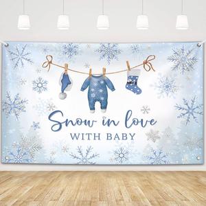 MEHOFOND Winter Baby Shower Backdrop for Boys, Winter Wonderland Snow in Love with Baby Background, Blue Little Snowflake Party Banner Decor Photo Booth Props 6x3.6ft