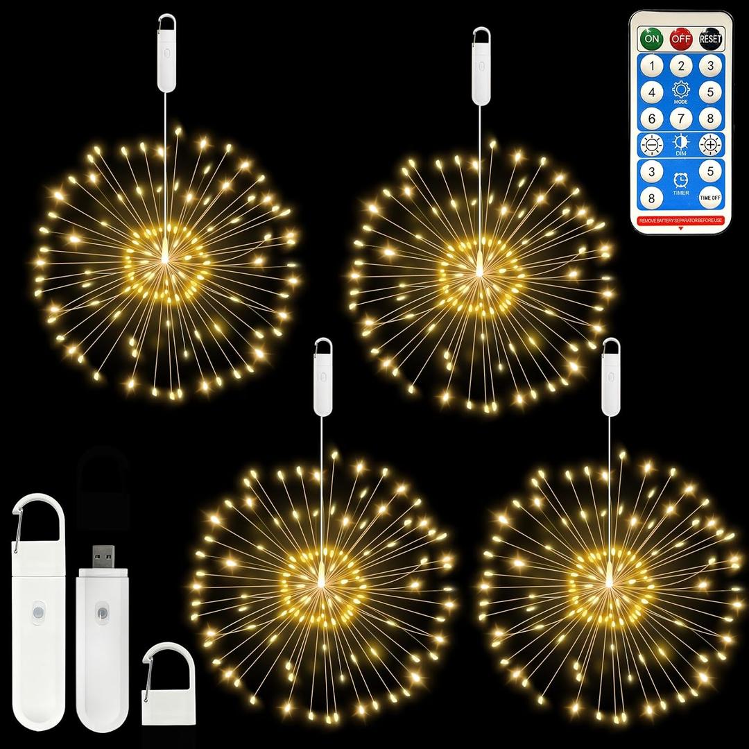 FOOING 4 Pack Firework Lights LED, Hanging Christmas Lights, 8 Modes USB Rechargeable Battery Operated Fairy Light with Remote, Twinkle Star String Lights for Party Christmas Decoration Outdoor Indoor
