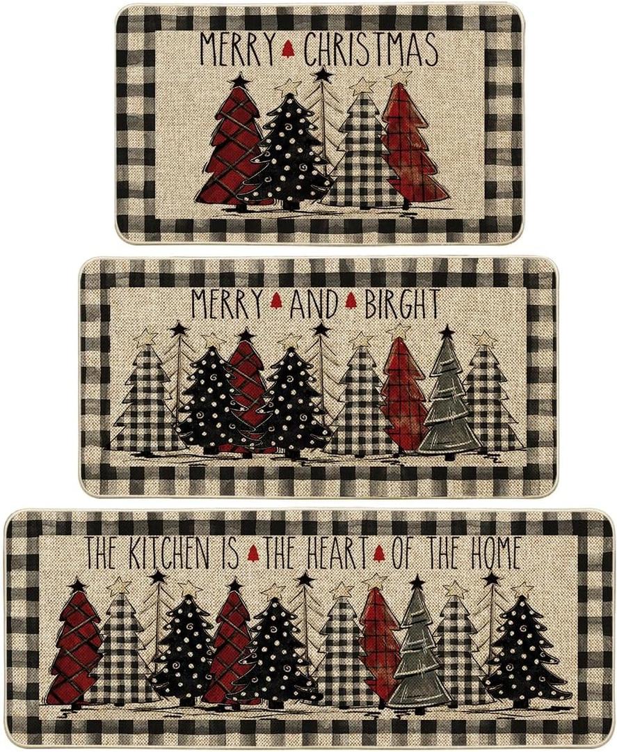 Artoid Mode Buffalo Plaid Xmas Tree Merry Christmas Kitchen Mats Set of 3, Winter Home Decor Low-Profile Kitchen Rugs for Floor - 17"x29"+17"x36"+17"x47" (Black/Beige)