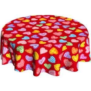 Valentines Tablecloth Round 60 inch Valentine Day Tablecloths Heart Table Cloth Circle Tablecloth for Kitchen Dining Decorations Holiday (Red Colorful Heart)