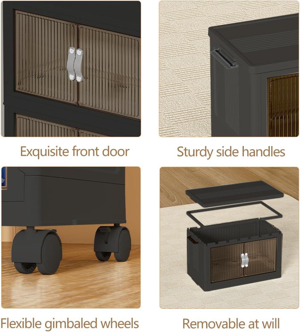 Stackable Storage Bins, Plastic Collapsible Storage Bins with Lid and Wheels, Folding Closet Organizer Clear Doors, Foldable Cabinet Storage Boxes for Home, Pantry, Office, Set of 1 Section