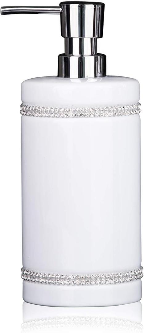 17 OZ Hand Liquid&Lotion Soap Dispenser Pump Bottle Ceramic White for Kitchen Bathroom Countertop Laundry Room Holds Dish Soap Shampoo Laundry Liquid Shower Gel (Inlaid Rhinestone) (White)