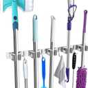 Broom Holder Wall Mount, Broom Organizer Wall Mount Stainless Steel Broom and Mop Hanger Heavy Duty Storage Organization for Home Kitchen Garden Garage Room 5 Racks 4 Hooks(Grey Rack)