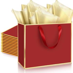ReliThick 12 Pack Metallic Paper Gift Bag with Handles and Tissue Paper 11.8 x 10 x 4'' Thank You Favor Bag for Graduation Mother's Day Wedding Bridesmaid Groomsman 5 Senses Gifts (Burgundy Red,Gold)