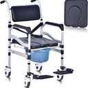 Shower Chair with Wheels Aluminium Alloy 4 in 1 Foldable Height Adjustable Shower Wheelchair, Sturdy Rolling Shower Chair with Large Commode for Seniors (Black)