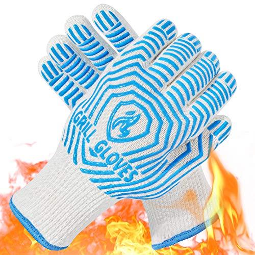 QUWIN BBQ Gloves, Oven Gloves 1472℉ Extreme Heat Resistant, Grilling Gloves Silicone Non-Slip Oven Mitts, Kitchen Gloves for BBQ, Grilling, Cooking, Baking-1 Pair… (Blue, One Size Fits Most)