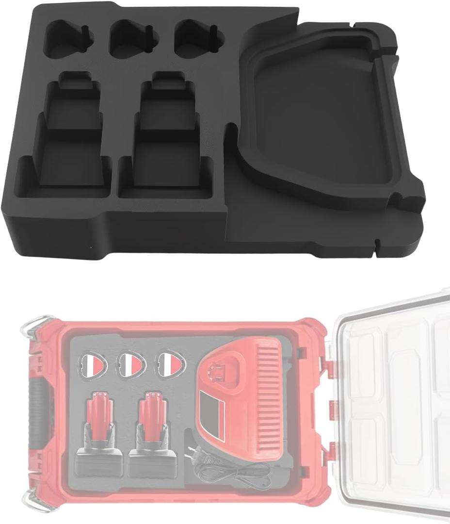 EVA Liner Compatible with Milwaukee 48-22-8435 Packout Tool Box Precision-Cut Foam Insert Organizer Fit for M12 Compact XC Batteries and M12 Charger, Black