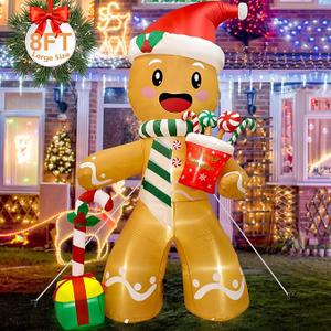 8FT Christmas Inflatables Outdoor Decorations Gingerbread Man, Cute Blow Up Yard Decorations With 8 LED Lights for Indoor Outdoor Lawn Garden