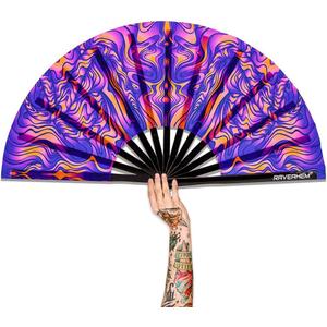 UV Glow Rave Fan, Bamboo Folding Clack Hand Fans Foldable for Men Women, Poping Fan for EDM Festival Line Dance Decoration, (Wellen, Large 13")