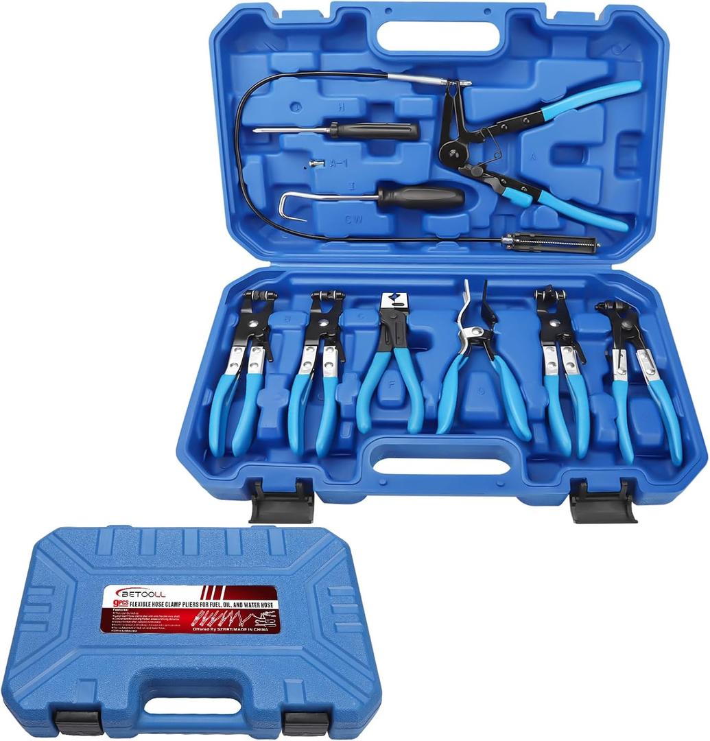 BETOOLL 9pc Hose Clamp Pliers, Professional Automotive with Flexible Wire Long Reach, Clic R Type Swivel Jaw and Flat Band Pliers for Coolant Radiator Heater/Water Hose (Blue)