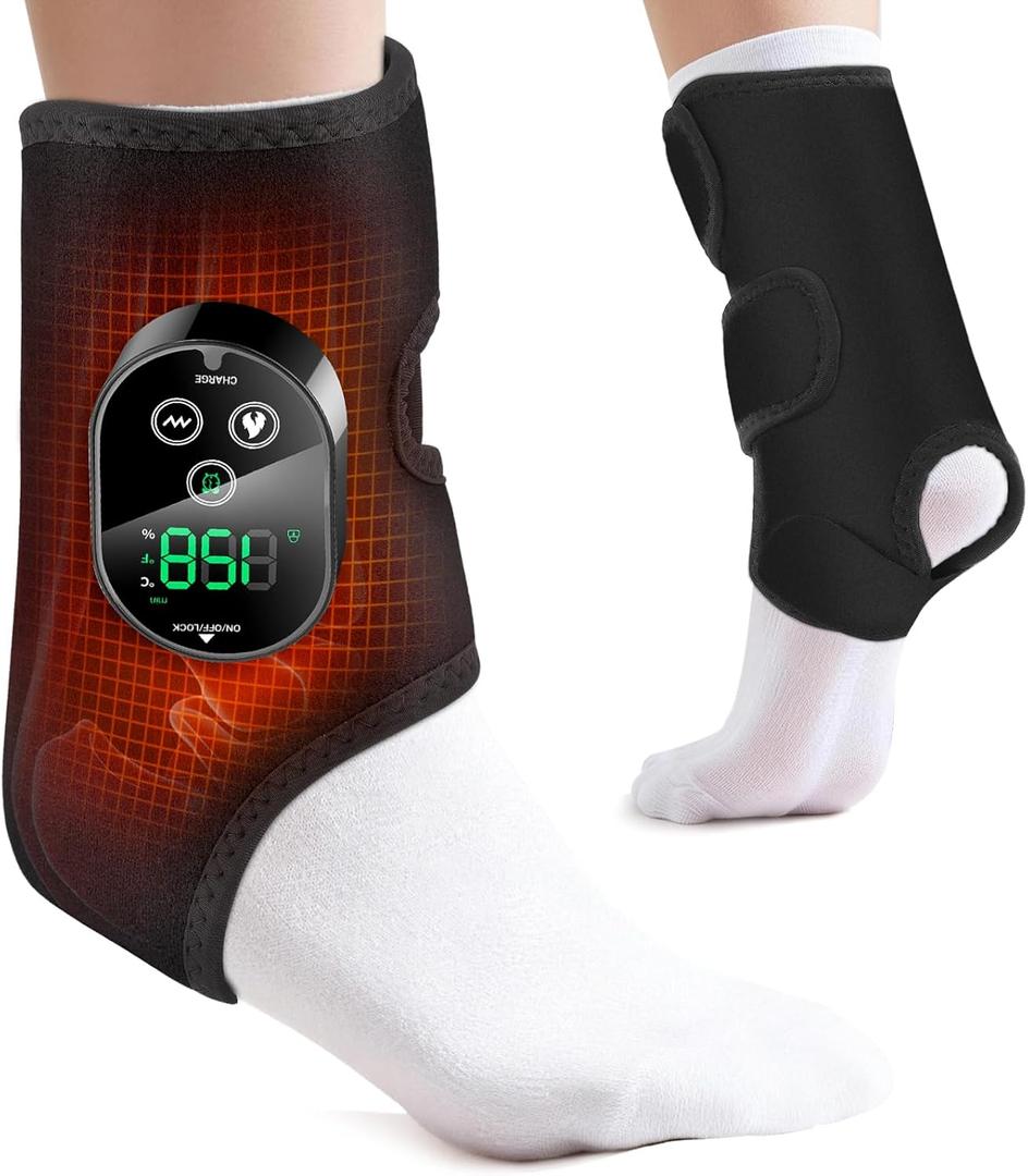 Cordless Ankle Heating Pad with Massage, Ankle Massager for Pain Relieft, Foot Massager for Neuropathy, Foot Heating Pad, 6 Heat Levels, 3 Massage Modes, Black