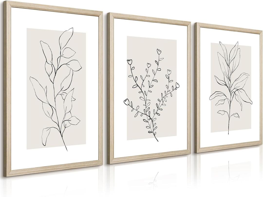 Neutral Botanical Prints Wall Art Decor Plant Minimalist Canvas Pictures Vintage Beige Wall Art Modern Farmhouse Line Poster Boho Abstract Painting Artwork for Bedroom 16x24 Inch Framed Set of 3
