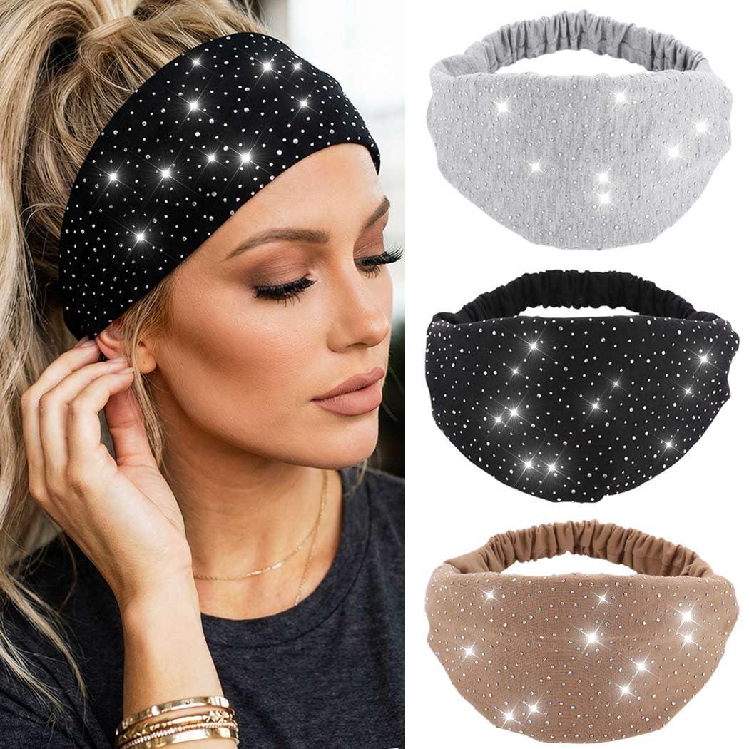 CAKURE Rhinestone Headband Black Wide Head Wraps Crystal Bling Headbands Elastic African Turban Stylish Yogo Exceise Hair Accessories for Women and Girls (Pack of 3) (set 2)