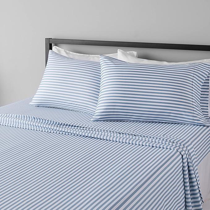 Lightweight Super Soft Easy Care Microfiber 4 Piece Bed Sheet Set With 14-inch Deep Pockets - Queen Size, Dusty Blue Pinstripe, Printed