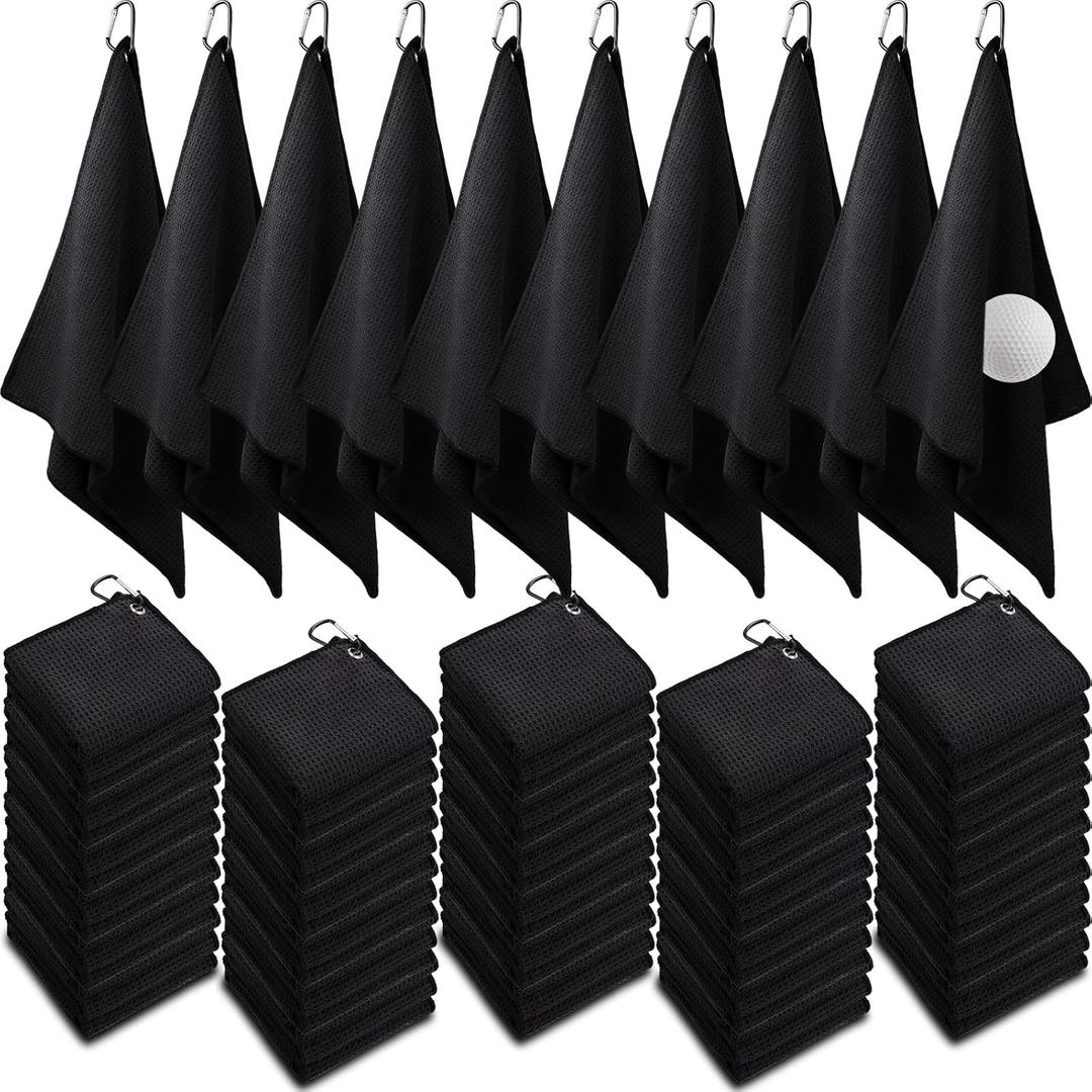 Batiyeer Golf Towels Bulk for Bags, 16"x16" Microfiber Waffle Pattern Golf Towel with Clip for Tournament, Club, Fitness (Black)