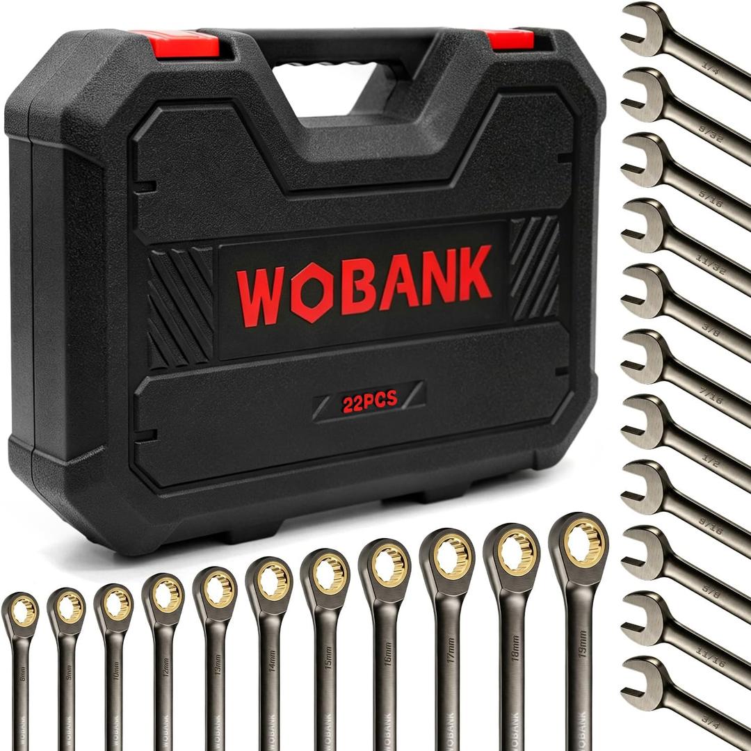 22-Piece Ratcheting Wrench Set, Metric 8-19mm & SAE 1/4-3/4" | Ratchet Combination Wrenches Set with Organizer Box,12 Points 72-Teeth,Nickel Plating