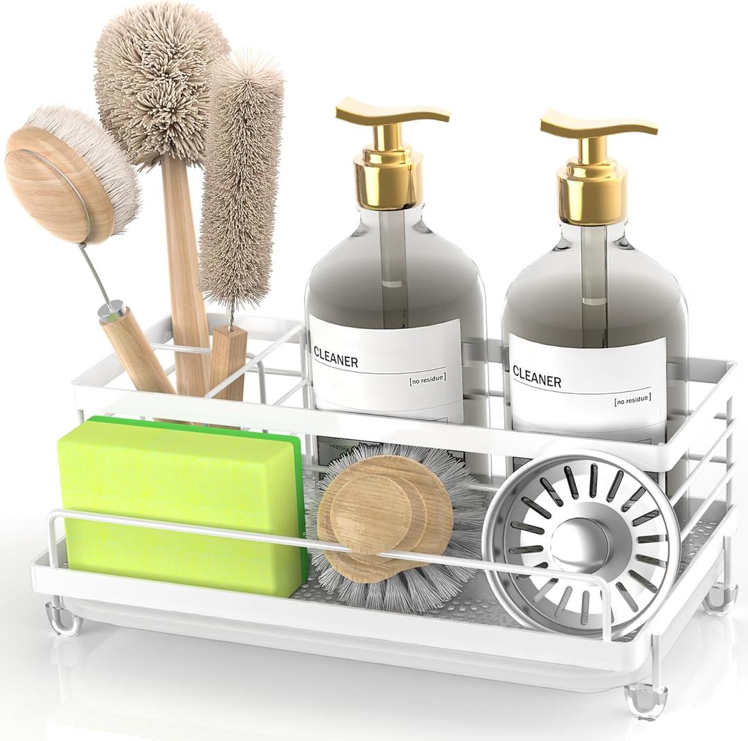 Cisily Sponge Holder for Kitchen, Sink Caddy Organizer, Kitchen Sink Accessories with Drip Tray, Rustproof and Non-Slip Kitchen Sink Sponge Holder, Kitchen Essentials for New HomeWhite