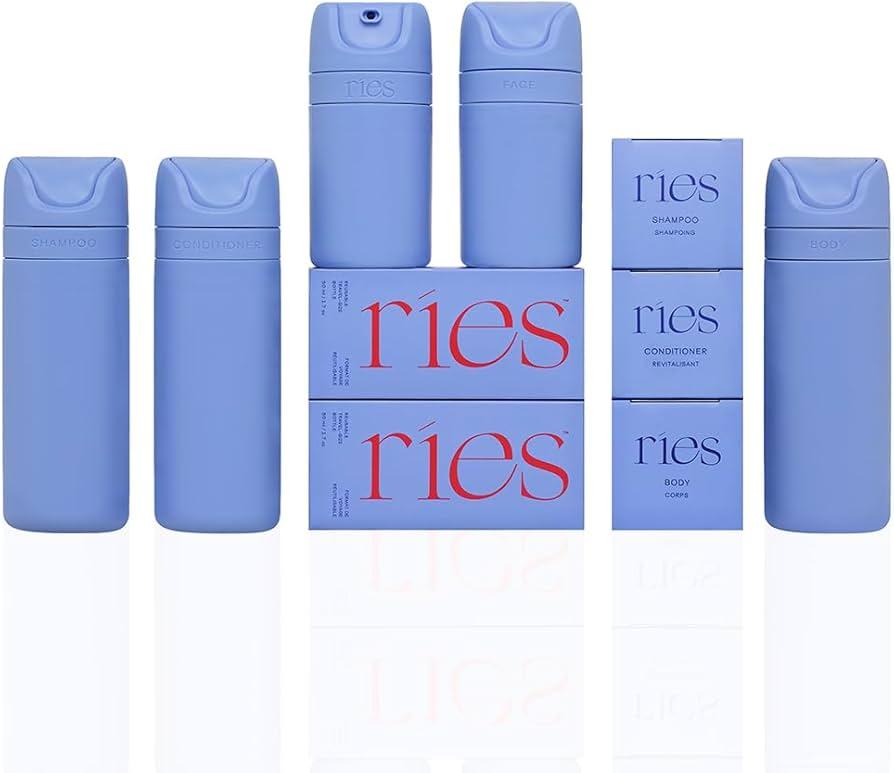 RIES Essential Refillable Toiletry Travel Bottles – Set of 5 (3.4oz & 1.7oz) Airless Pump Containers for Shampoo, Conditioner, Body, Face – Leak-Proof, TSA-Approved, Dishwasher Safe- Runaway Blue, No Box