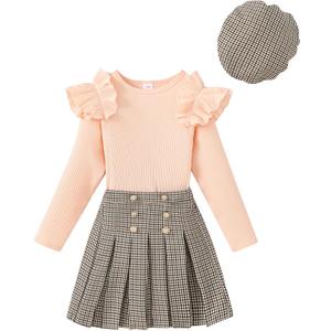 Girls Teen Clothes, Fall Winter Outfits Long Sleeve Ruffle Sleeve Top and Pleated Plaid Mini Skirt Set Size 7-14Y (Pink)
