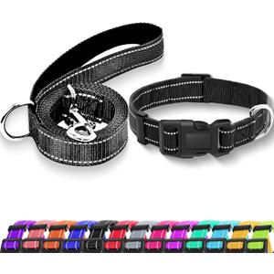 Reflective Dog Collar with Safety Locking Buckle, Adjustable Soft Breathable Nylon Collars for Small, Medium and Large Dogs(Collar+Leash S Width 3/4" Black)