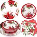 Purhapfre 150Pcs Christmas Paper Plates and Napkins Set Christmas Poinsettia Flowers Design Disposable Holiday Plates Dinnerware for Xmas Holiday Winter Party,Serves 50