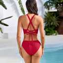 RIHOAS Bikini Sets for Women Two Piece Bikini Swimsuits Modest Petal Hollow V Neck Top and Low Rise Bottom (Red)