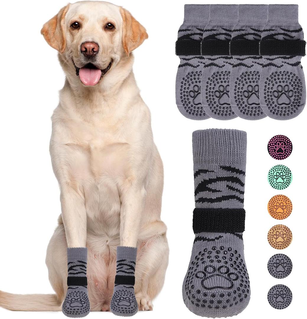 KOOLTAIL Dog Socks for Hot/Cold Pavement to Prevent Licking Paws, Dog Boots & Paw Protector for Hardwood Floors Anti Slip, Traction Control No Twist Grip Booties for Small Medium Large Senior Dogs L (Large (4 Pack), Tiger Grey)