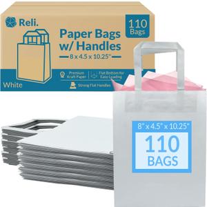 Reli. White Paper Bags | 110 Pcs Bulk | 8"x4.5"x10.25" | White Paper Bags With Handles | Kraft, Small Gifts, Shopping, Retail, Merchandise