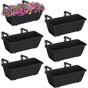 YBING Railing Planter Boxes 6 PCS Black Rectangle Railing Flower Box with Adjustable Bracket Window Deck Hanging Planters Boxes for Outdoor Patio (6 Pack)