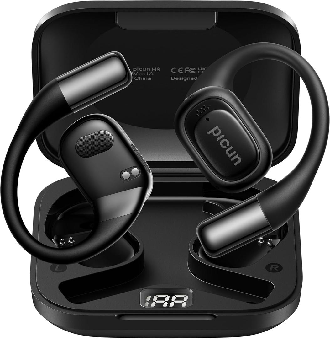 Picun Open Ear Headphones, Bluetooth 5.4 Wireless Earbuds with LED Display, Snug Fit Ear Hooks, Multipoint Connection, IP54 Waterproof, Mic Clear Calls, 40H Playtime Sports for Running Workout - Black