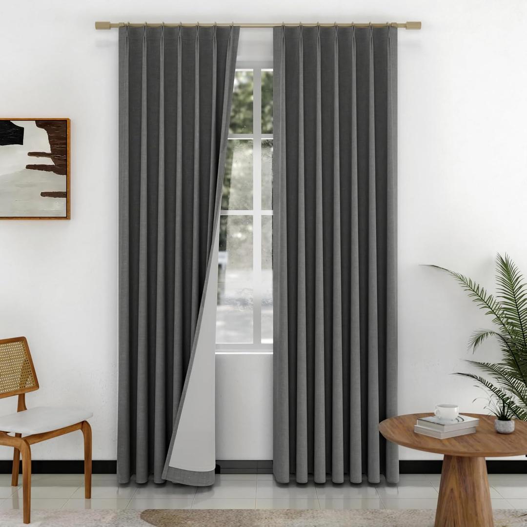 IVAPUPU Thick Linen Blend Pinch Pleated Blackout Curtains for Bedroom - Full Black Out Gold Curtains 90 Inch 2 Panels Set for Living Room Darkening Thermal Window Curtain Drapes with 16pc Hooks