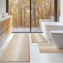 BSICPRO Bathroom Rugs Sets 3 Piece, Toilet Rugs U-Shaped Contour Bath Mat Set, Large Striped Non Slip Absorbent Chenille Shower Mat, Beige (22"x59"+ 20"x32"+U Shape 20"x24")